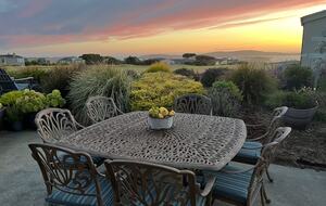 Sunset at outdoor dining area.