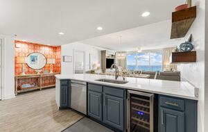 Open concept kitchen with view of the ocean as you prep dinner