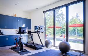 Gym with weights, Peloton 2 and Peloton tread, Yoga