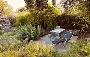 Side yard dining under an Oak with beautiful pool + mtn view