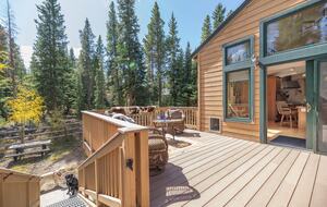 Back Deck stairway leading into fenced in yard