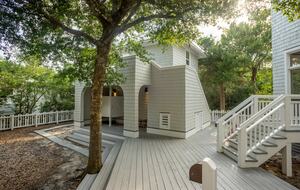 Back Deck with view to Garage, Crofter, & exterior Shower