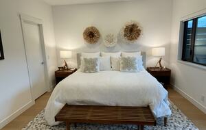 Primary bedroom with king bed and walk-in closet