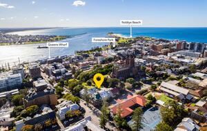 Aerial view looking north across the harbour and Stockton Beach