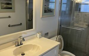 New bathroom shower and cabinet.