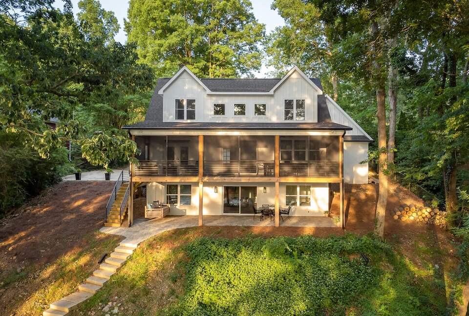 Lakeside view of house.