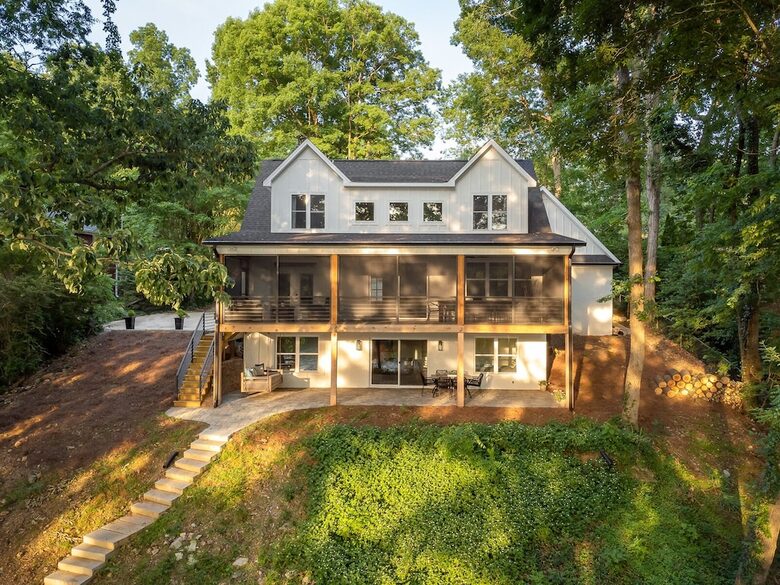 Lakeside view of house.