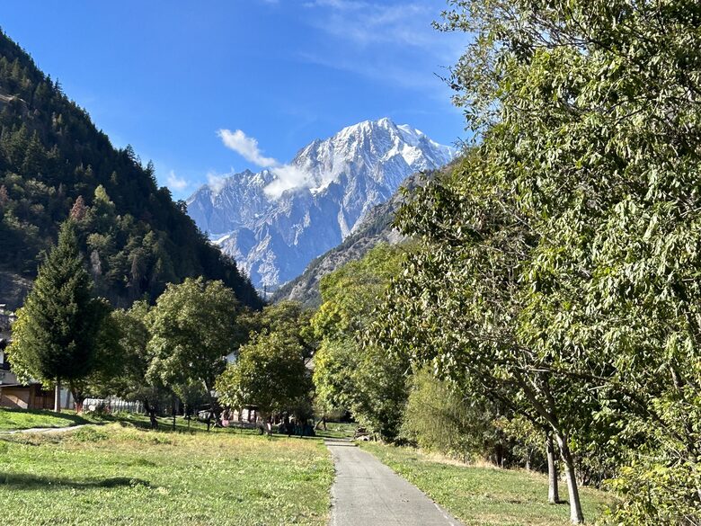 View of Mont Blanc from local Morgex river walk