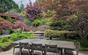 Backyard garden with dining table