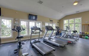 Community gym is just steps away, and overlooks the pond