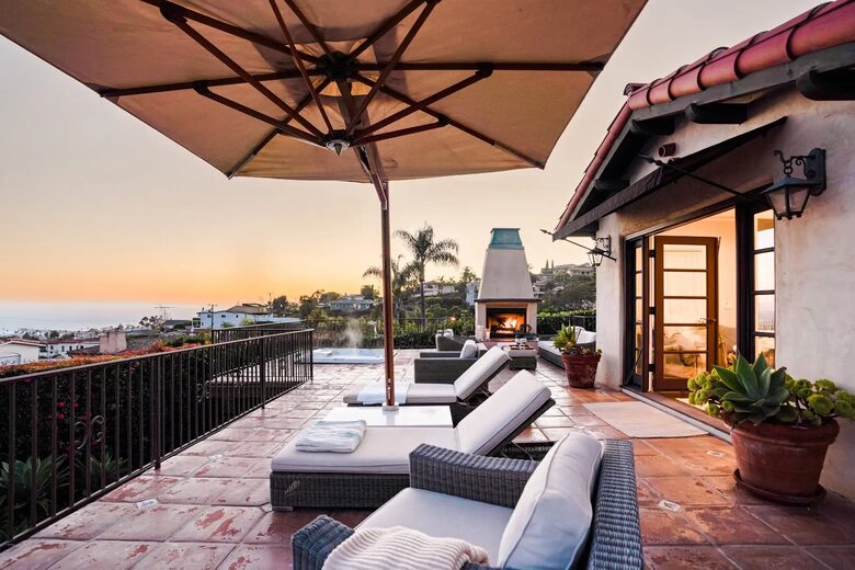 Private front patio with ocean and island views
