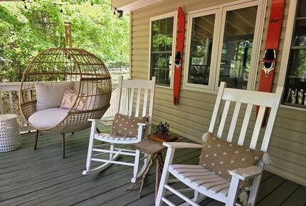 Porch looks to lake.