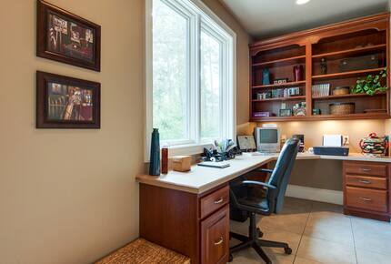 Office overlooking backyard and pool.