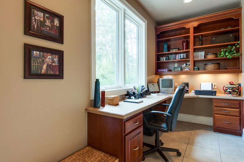 Office overlooking backyard and pool.