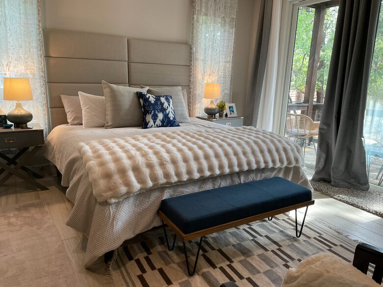 Guest Room downstairs bedroom with bath and private patio.