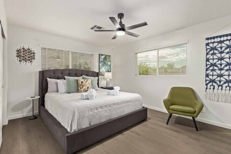 Master bedroom with King size bed and private bathroom