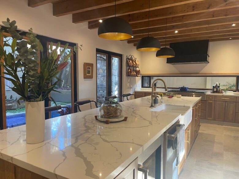 Large kitchen island with wine refrigerator
