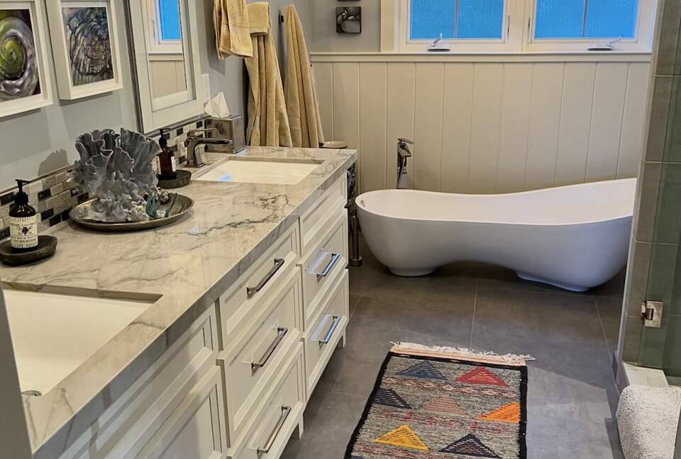 Primary bathroom with designed tub
