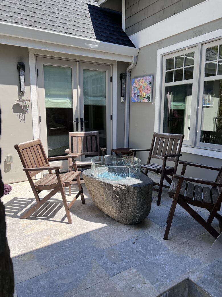 Small patio w gas fire bowl. S’mores anyone?
