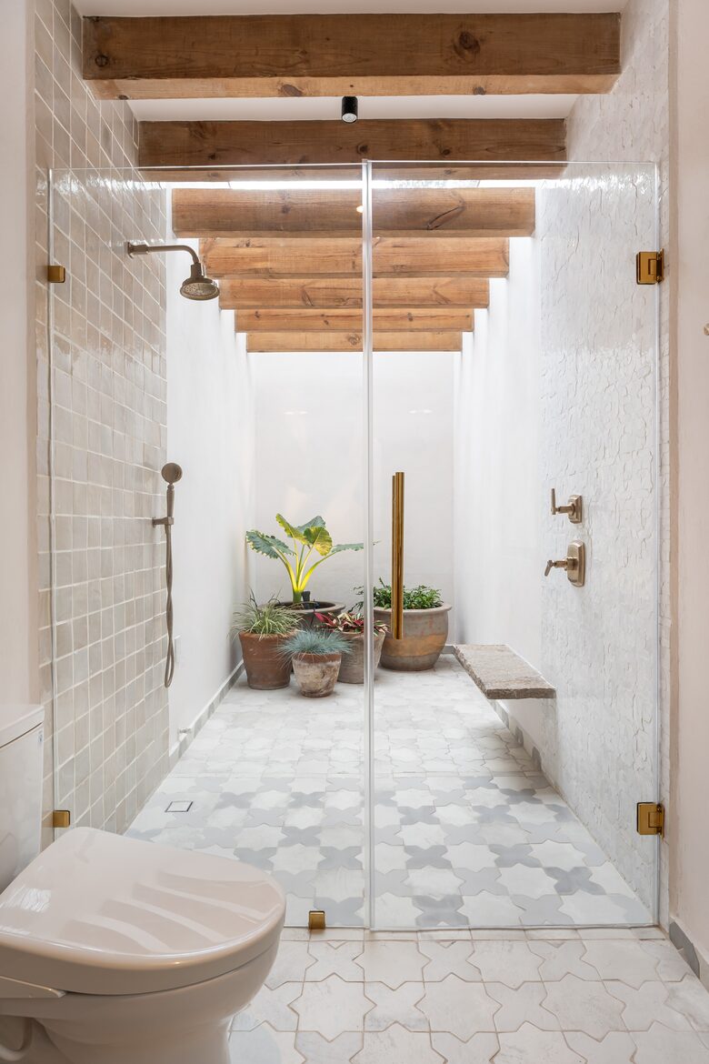 Shower with lush greenery