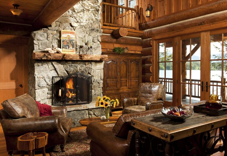 living room with fireplace and view to the lake