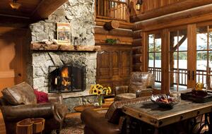living room with fireplace and view to the lake