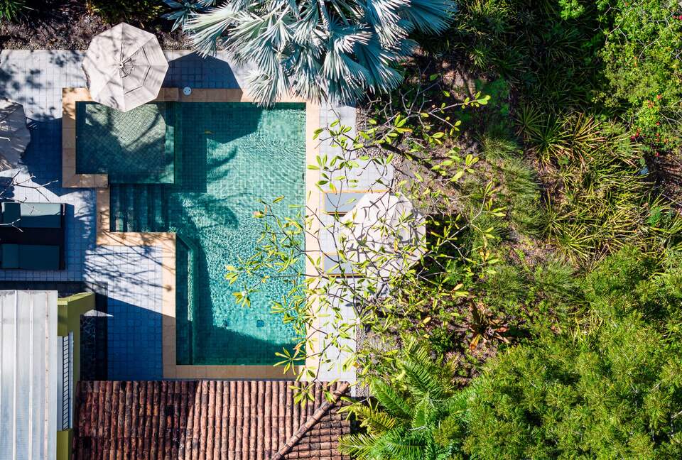 Ariel view of private pool and garden