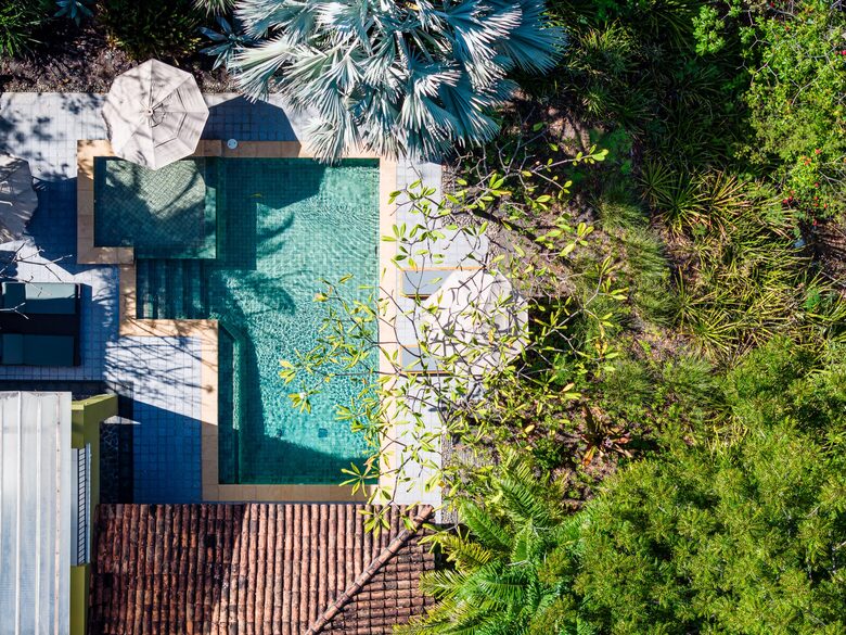 Ariel view of private pool and garden