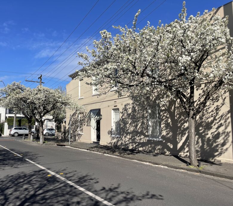 Corner home with stylish black door canopied entrance.