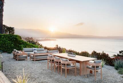 outdoor dining and lounge area; view south from backyard