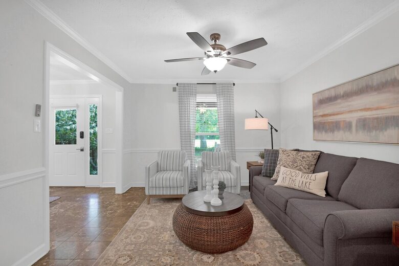 The formal living room has a sleeper sofa