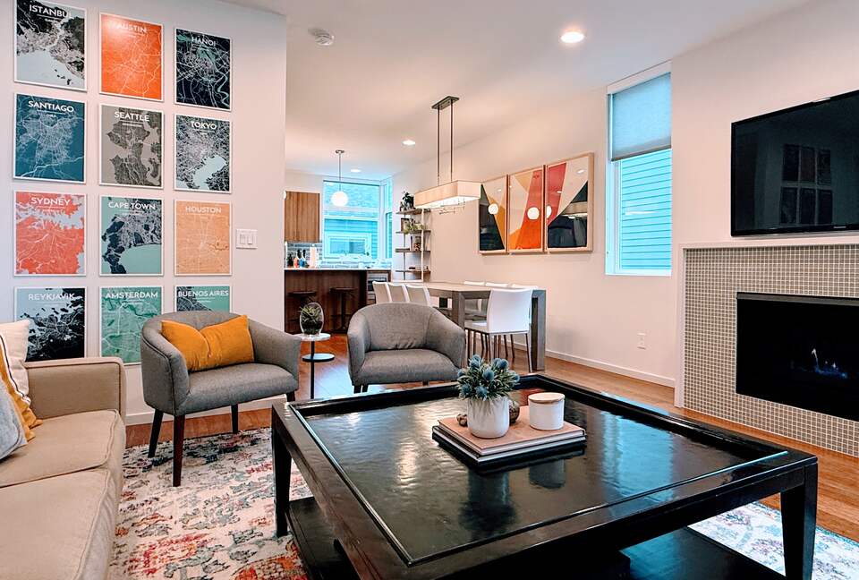 Open living flow with fire place